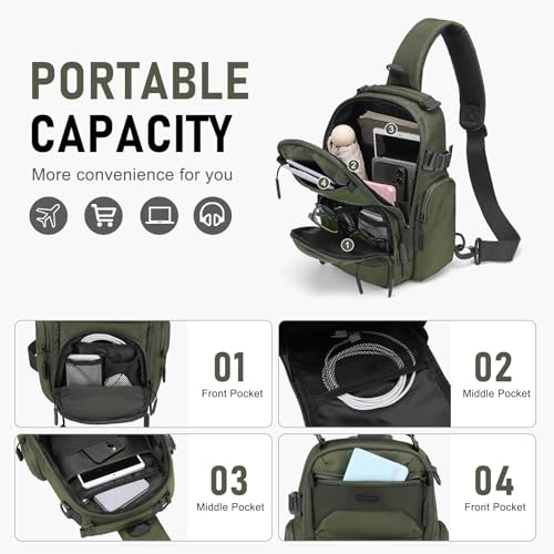 Sling Bag for Men, Travel Crossbody Bag for Men, Small Sling Backpack Shoulder Bag, High-Density Oxford Chest Pack for Hiking - color: Green