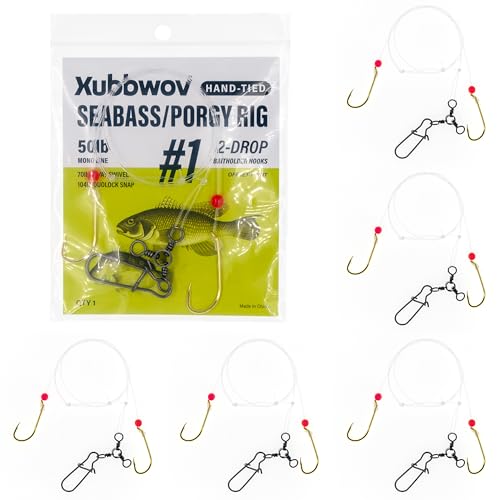 Seabass/Porgy Rig, 6-Pack Hand-Tied Double Drop Saltwater Bottom Fishing Rigs, 50lb or 40lb Mono Leader, #1#2#4 Gold Baitholder Hooks with 3-Way Swivel for Scup Fluke Snapper - size: #1 Baitholder Hooks