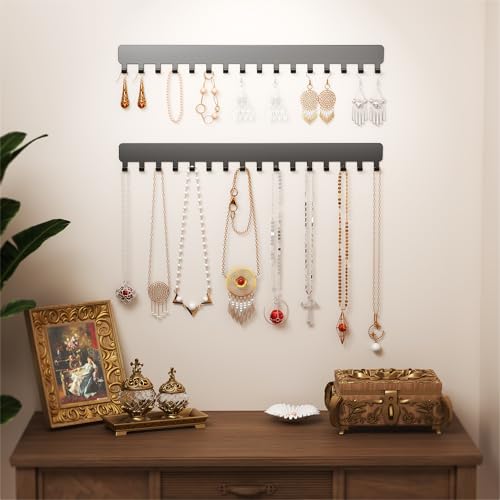 Bussdis Necklace Holder - Extended Hanging Jewelry Organizer, Self-Adhesive, Wall Mount, 2 Pack, Black - color: Black, size: 13.19 inch
