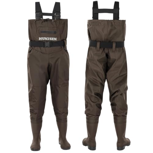 HUNTSEN Fishing Waders for Men Women - 2-Ply Nylon/PVC Waterproof Hunting Chest Waders with Boot Hanger&Phone Case, Size9-13 - color: Brown, size: 10