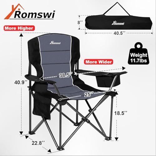 Romswi Oversized Camping Chairs,Heavy Duty Support 500 LBS,Padded Back & Arm Sport Chairs, Cup Holder Cooler Bag, Collapsible Folding Chairs for Outdoor, Fishing & Garden, Black,2-Pack - color: Black, style: XL Large