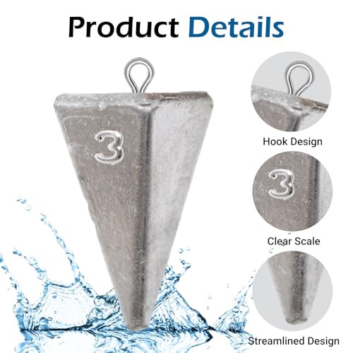 Pyramid Sinkers Assorted Weights 2oz 3oz 4oz, Lead Surf Fishing Sinkers for Saltwater Beach Bottom Fishing (5-8 Pack) - size: 3oz-6pcs
