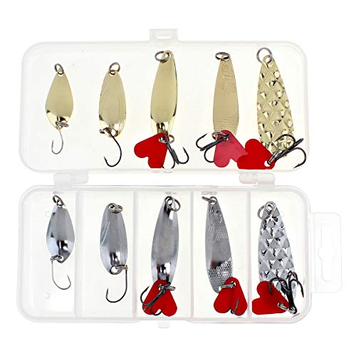 10pcs Metal Spoons Lures Kit with Hook Tackle Box, Hard Fishing Lures, Sequin Baits for Trout, Panfish, Bass