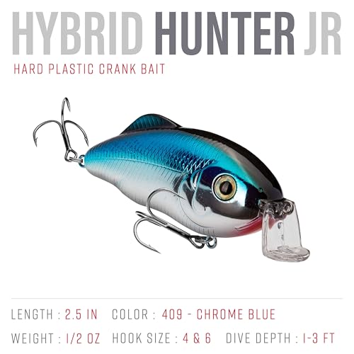 Strike King Hybrid Hunter Shallow Jr. Fishing Lure, Shallow Diving Crankbait, 90-Degree Bill, 3D Eyes, Loud Rattle, Dives 1 to 3-Feet,Size 4 & 6 Treble Hooks - color: Chrome Blue, size: 1/2 oz