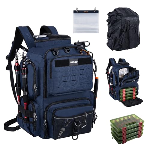 Goture Fishing Backpack with 4 Tackle Boxes,900D Water-Resistant Tackle Backpack with Rod Holders,SBS Zippers,45L Large Tackle Storage Gear Bag with Rain Cover,Bottle Holder for Travel Camping Hiking - color: A1:Blue, size: Include 4 Tackle Boxes