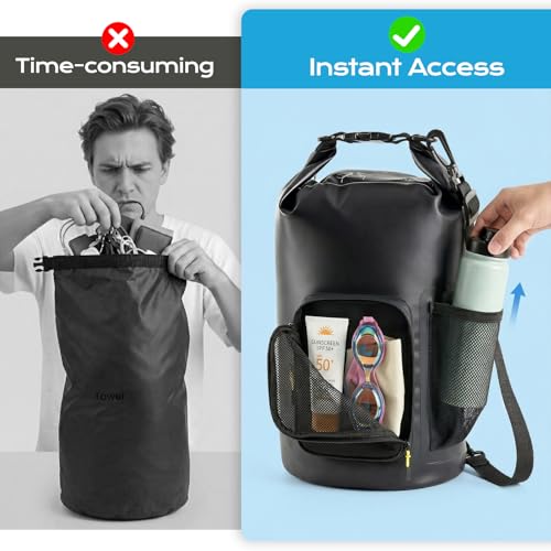 5L Waterproof Dry Bag with Bottle Holder & Mesh Pocket, 500D PVC Tarpaulin Roll Top Dry Sack with Inner Waterproof Adsorption Film, Lightweight Dry Bag for Kayaking, Beach, Boating, Fishing, Travel - size: 5L