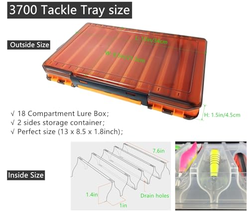 Large Fishing Lure Box Organizer - 18 Compartment Double Sided Fishing Tackle Box for Crankbait Squid Jig Bait Storage - color: Orange