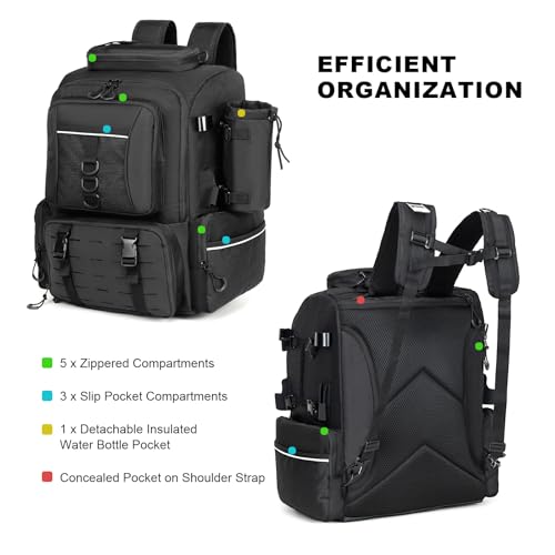 WANOON Fishing Backpack 45L with 4 Tackle Boxes | Durable & Comfortable, Waterproof Insulated Bait Pocket, 4 Rod Holders - color: Black, size: 45L-With Tackle Boxes