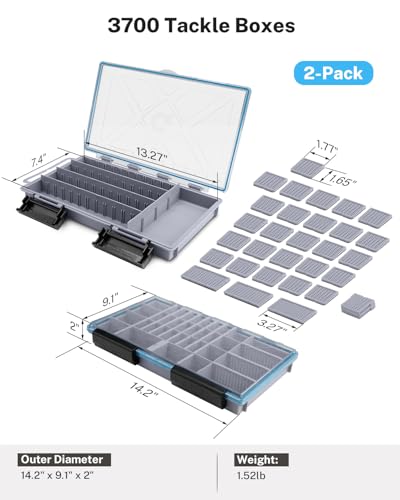 Gonex Fishing Tackle Boxes, 2-Pack Waterproof 3700 Tackle Trays with Adjustable Dividers, Portable Clear Plastic Tackle Organizers with DIY Dividers for Lures, Hooks, Bass Gear, Gray - size: 2pcs 3700 (14.2x9.1x2inch)