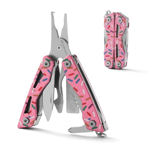 VIRENKNIFE 13-in-1Multi Tool Pliers, Stainless Steel Mini EDC Multitool with Pocket Knife,Screwdriver，Bottle Opener，Fishing Hook Sharpener，Perfect for Camping, Hiking, Fishing（Donut） - color: Pink Donut