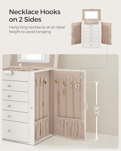 SONGMICS 6-Layer Jewelry Box Organizer with 5 Drawers, Jewelry Storage Case with Lock and Mirror, Large Storage Capacity, Gift for Loved Ones, for Necklaces, Watches, White UJBC152W01 - color: White, size: 6 Tier