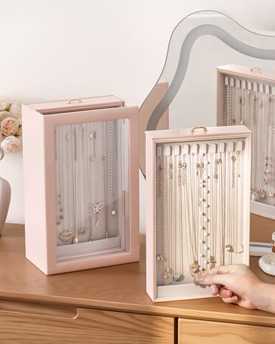Lolalet Upgraded Double-Sided Hanging Necklace Organizer Box, Jewelry Display Case with Double-Sided Clear Window for Necklaces Bracelets, Tangle-Free Necklace Storage Box, Pink, 2-Layer 40 Hooks - color: Pink, size: 2-Layer, 40 Hooks