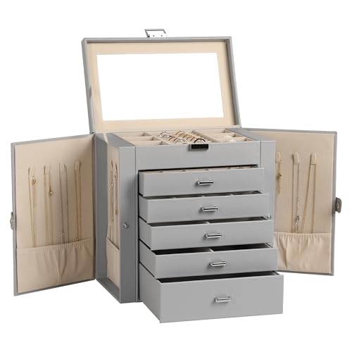 Frebeauty Large Jewelry Box,6-Tier PU Leather Jewelry Organizer,Multi-functional Storage Case with Mirror,Accessories Holder with 5 Drawers for Necklace Bracelets Watches(Grey) - color: Grey, size: Large