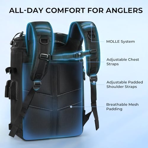 Calamus GearMaster Tackle Backpack with Bait Binder, Large Lightweight Water-Resistant Fishing Bag, Rod Holders, Food Storage - color: Black