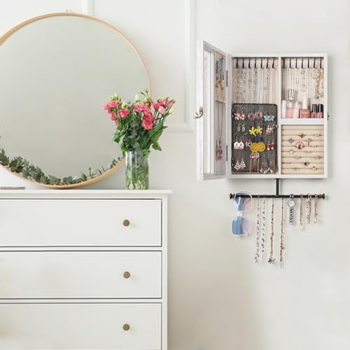 Keebofly Wall Mounted Jewelry Organizer With Rustic Wood Large Space Jewelry Cabinet, Holder, Storage Box for Necklaces, Earrings, Bracelets, Ring Holder, and Accessories White - color: White