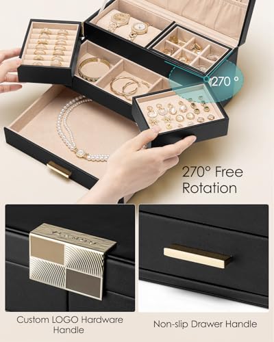 VLANDO 3 Layer Jewelry Box - Women Jewelry Box with Retractable Tray - Jewelry Organizers with Drawer for Necklaces, Rings, Bracelets, Earrings, Gift for Couples Mom Girls - Black - color: C.Black, size: 3-Layer