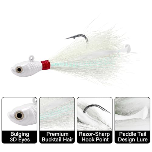 Dr.Fish 3 Pack Bucktail Jigs with Paddle Tail Swimbait Trailer, Saltwater Fishing Hair Jigs Buck Tail Lure White Surf Fishing Mackerel Flounder Bluefish Snapper - color: Chartreuse, size: 1/2oz-Hook 4/0