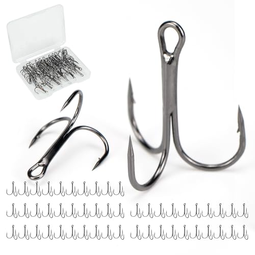 Fishing Treble Hooks High Carbon Steel Fishing Hooks Classic Round Bend Sharp Solid Triple Barbed Fish Hook Fishing Tackle - size: Size 5/0, Pack of 50