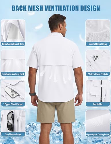 WULFUL Men's Sun Protection Fishing Shirts UPF 50+ Lightweight Quick Dry Cooling Short Sleeve Shirts for Work Hiking Safari - color: White, size: Small