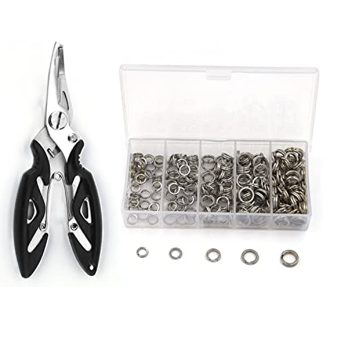 Pack of 201pcs Fishing Stainless Steel Split Rings 5 Sizes and Plier Set, Split Ring Capable of withstanding Large tensile Force and Fishing Plier Tool Kit for Saltwater Fishing Lure Connectors… - color: Black