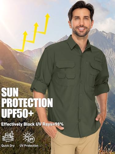 linlon Mens Safari Shirts Long Sleeve UV Protection Hiking Fishing UPF 50+ Quick Dry Cooling Camping Travel Shirts - color: Army Green, size: X-Large