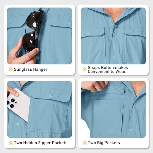 Mens Sun Protection Hiking Fishing Safari Shirts with Hood Long Sleeve Outdoor Quick Dry Shirts Hoodie - color: 5105 Blue, size: Large