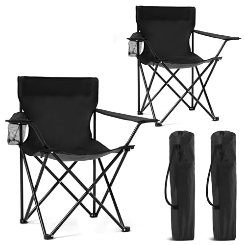 2 Pack Portable Camping Chairs Folding Lawn Chair Outdoor Lightweight Beach Chair with Cup Holder & Carry Bag for Outside Sports, Fishing, Hiking, Travel, Picnic, Backyard (Black-Dark) - color: Black-dark, size: Medium