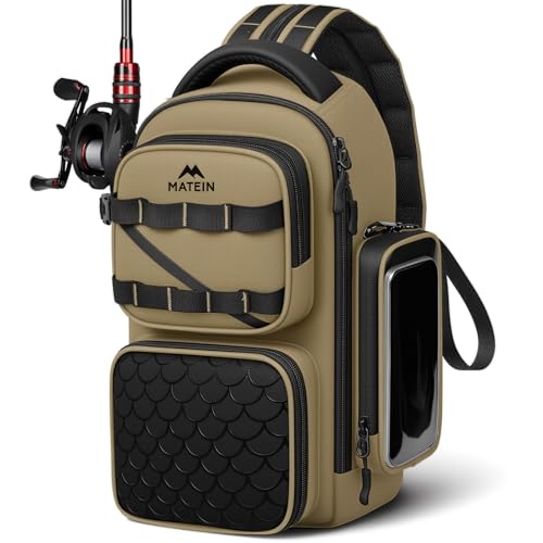MATEIN Fishing Sling Bag with Lure Rod Holder & Phone Pouch, Waterproof 3600 Tackle Box Backpack with Removable Bait Binder - color: Khaki & Black