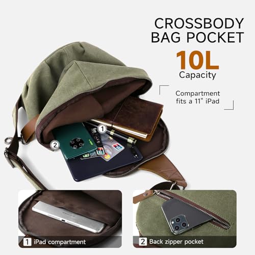 MOYYI Canvas Sling Bag for Men Women, 10L Crossbody Bag Small Backpack, Casual Daypack with Anti-Theft Pocket, Vintage Canvas Shoulder Bags for Travel, Daily, Hiking, Work (Green) - color: 8002green-10l