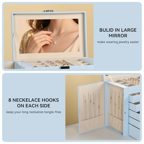 Frebeauty Large Jewelry Box,6-Tier PU Leather Jewelry Organizer,Multi-functional Storage Case with Mirror,Accessories Holder with 5 Drawers for Necklace Bracelets Watches(Sky Blue) - color: Sky Blue, size: Large