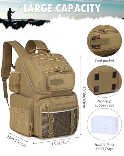HAMBOLY Fishing Backpack with Tackle Boxes, 50L Fishing Tackle Bag with Cooler & Rod Holders, Waterproof Tackle Bag for Men - color: Brown