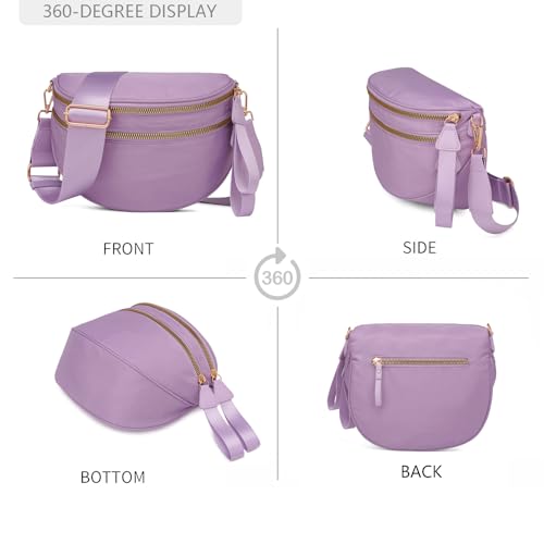 Pure Colour Crossbody Bum Bags for Women Spacious Checkered Cross body Bag Nylon Trendy Fanny Pack for Travel - color: Light Purple