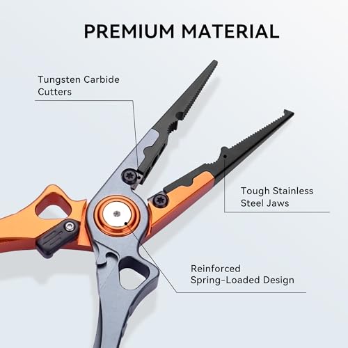 Fishing Pliers Hook Remover, Saltwater Split Ring Pliers with Safety Lock, Fishing Gear with Sheath and Lanyard, Fishing Gifts for Men - color: Orange