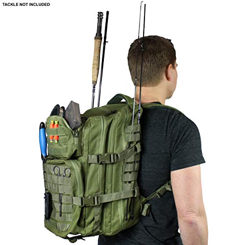 OSAGE RIVER MOLLE Fishing Backpack with Rod Holder - 600D Large Tackle Bag for Trays and Fishing Accessories - Tactical Backpack for Camping, Traveling, Hunting - Crocodile Green - color: Crocodile Green