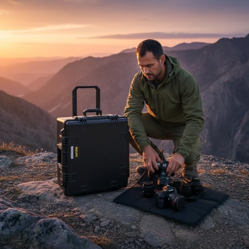 MEIJIA Premium Waterproof Rolling Hard Camera Case,Hard Protective Case with customizable fit foam and wheels,Full Protection with Light&Convenient Design,Elegant Black (24.8"X23.7"X13.17") - size: 24.8"X23.7"X13.17"
