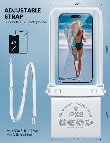 Lamicall Double Bag Waterproof Phone Pouch - IPX8 Waterproof Phone Case with Lanyard, Beach Vacation Cruise Ship Essentials for iPhone 16/14/13 Pro Max, Galaxy 25/24/23, 4-7.5" White - color: White