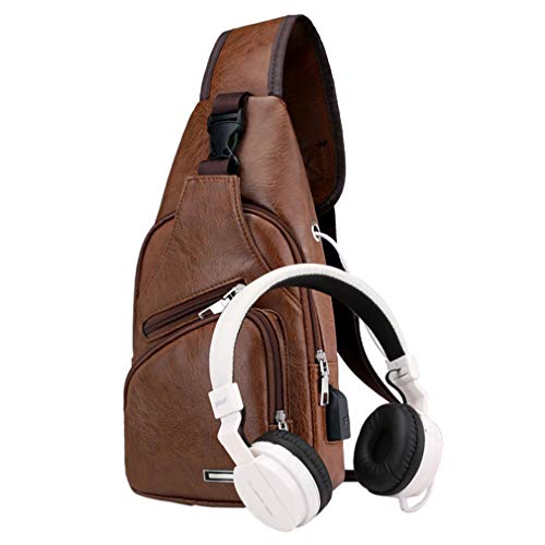 Hebetag Leather Sling Bag Crossbody Backpack for Men Women Travel Outdoor Camping - color: #21brown(pu/Usb)