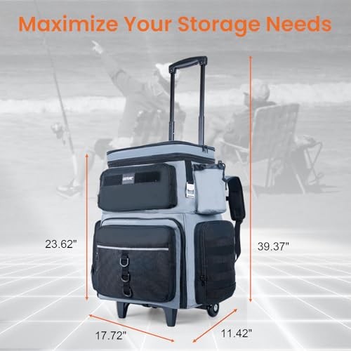 Goture 66L Rolling Tackle Box with Cooler, Gray Large Fishing Bag with Wheels for 5 3700 Trays(Trays Included), Saltwater Resistant Tackle Backpack with Rod Holders - color: Gray, size: With (5) 3700 Trays