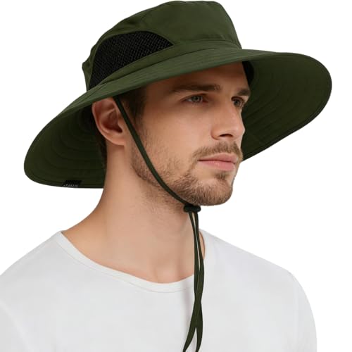 Wide Brim Sun Bucket Hat, Waterproof Boonie Hat for Men & Women | UPF 50+ UV Protection, Adjustable Fit, Chin Strap & Sweatband, Foldable Durable for Fishing Hiking Garden Beach - color: 01 Army Green