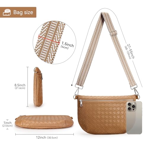 KALIDI Woven Crossbody Bags for Women Travel Vegan Leather Fanny Packs for Woman Cross Body Purse Fashion Belt Bum Bag with Wide Strap - color: Light Brown