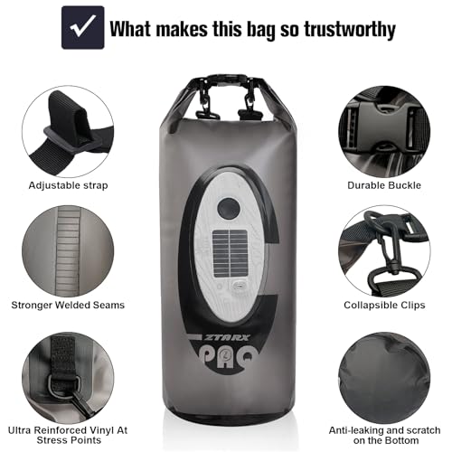Qoolife Dry Bag Waterproof with Solar Bluetooth Speaker & Light - 10L/20L Roll Top Dry Sack Keeps Gear Dry for Men Women Kayaking, Beach, Rafting, Boating, Hiking, Camping and Fishing - color: Grey with BT Speaker, size: 10L