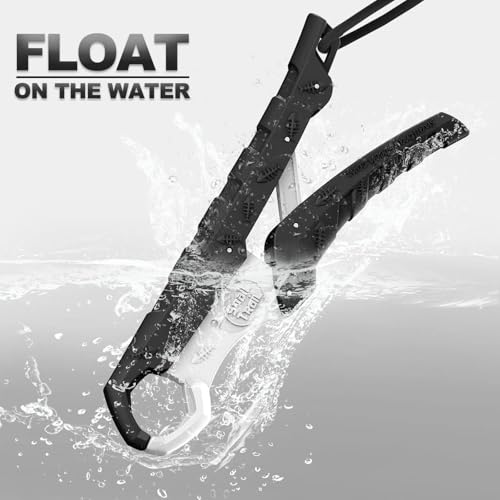 SNAIL TRAIL 7.5''/9'' Floating Fish Gripper, Fishing Grabber, Catfish Mouth Pliers, Caught Bass Holder, Digital Scale Hook Clamp, Saltwater Lip Grip Tool with Lanyard, Gifts for Men, Black-White - color: Black-white, size: 7.5"