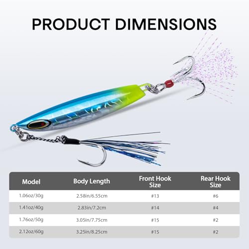 Goture Fishing Jigs, 30g 40g 50g 60g Vertical Jig Saltwater Freshwater, Jig Lures with Assist Hook and Treble Hook, 5PCS Jigging Spoon Lures with Tackle Box, Fishing Jigs for Tuna, Salmon, Bass - color: A2 with Tackle Box, size: 60g