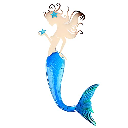 John's Studio Mermaid Wall Decor Outdoor Metal Fish Bathroom Hanging Art Glass Blue Ocean Theme Decorations for Home, Pool and Patio - color: Mermaid