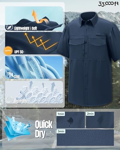 33,000ft Men's Fishing Shirts Lightweight Cool Quick Dry Sun Protection UV Short Sleeve Shirt for Casual Hiking Safari Travel - color: Navy, size: Large