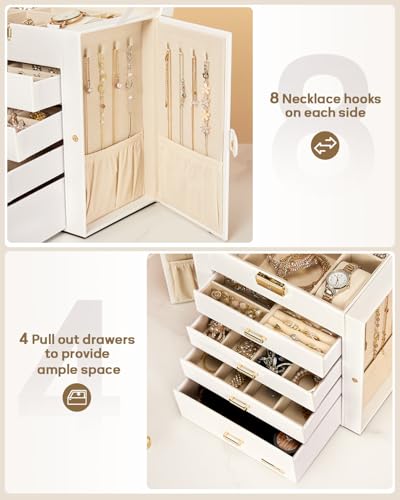Homde Synthetic Leather Huge Jewelry Box Mirrored Watch Organizer Necklace Ring Earring Storage Lockable Gift Case (White + Gold) - color: White + Gold