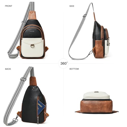 LATMAP 7L Sling Bag for Women Men Crossbody Belt Bag Small Travel Sling Backpack Anti Theft Chest Daypack Purse Faux Leather - color: Black and Beige With Brown