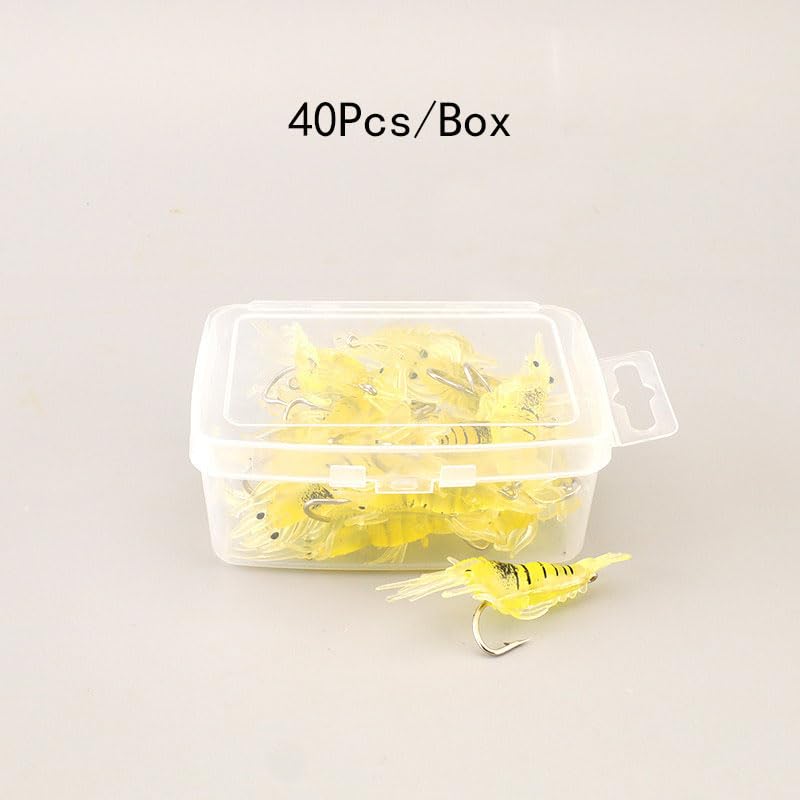 40PCS Fishing Shrimp Lures Artificial Silicone Soft Bait Set Luminous Swimbait Shrimp Fishing Lure with Hooks Fishing Tackle - color: Yellow(20pcs)