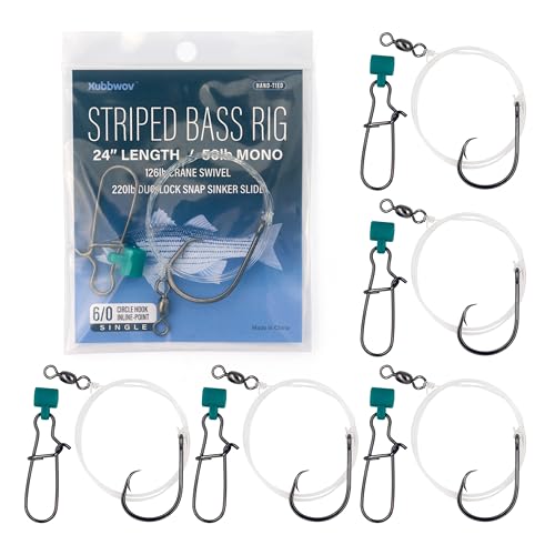 Striped Bass Rigs, 6/0 Inline Circle Hook with 24" 50lb Mono Leader Fish Finder Slider Rigs, 6-Pack Hand-Tied Saltwater Surf Fishing Tackle with 126lb Swivel & 220lb Snap for Striper Fishing