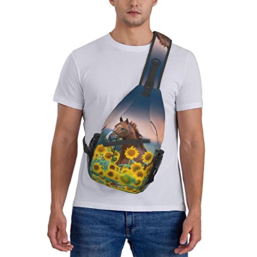 Sunflower Horse Print Sling Bag Crossbody Backpack for Men Women Red Stallion in Bridle Portrait in Sunflowers Chest Bag Casual Sling Shoulder Backpack Travel Hiking Daypack Outdoors - color: Horse in Sunflowers